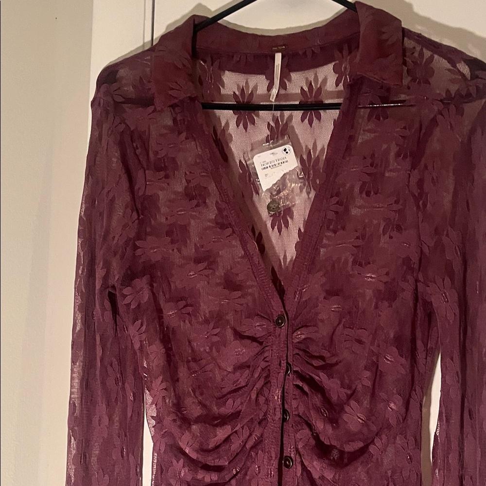 Free People Burgundy Sheer Ruched Blouse